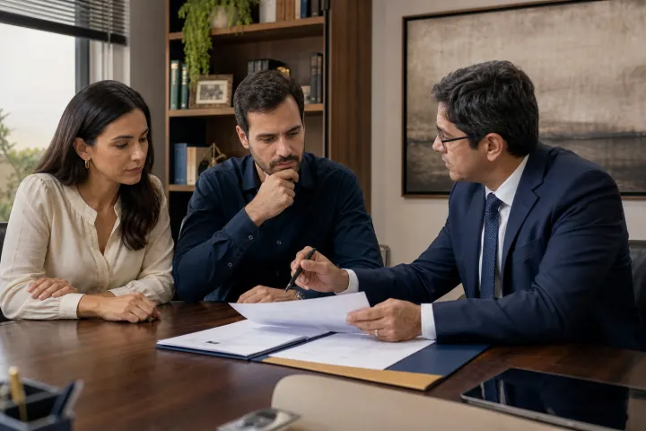 Família reunida para organizar documentos patrimoniais e sucessórios